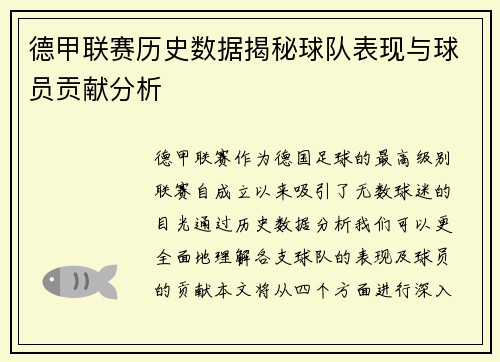 德甲联赛历史数据揭秘球队表现与球员贡献分析